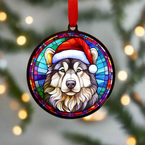 Alaskan Malamute in Santa Hat Suncatcher Decoration